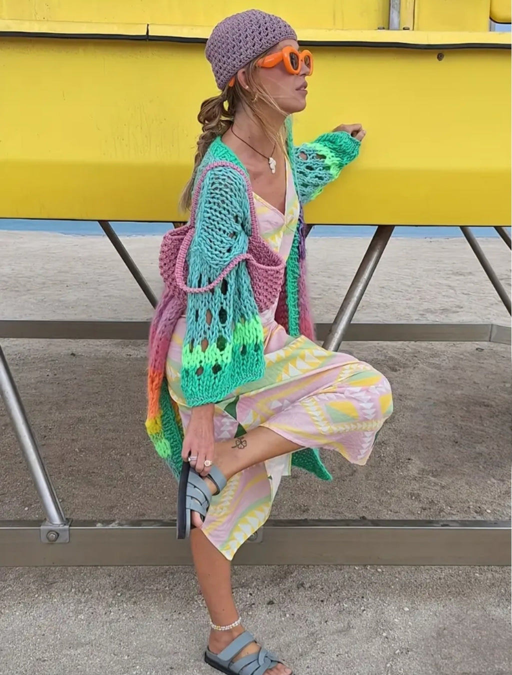 Hand knitted, oversized, soft, multicoloured cardigan