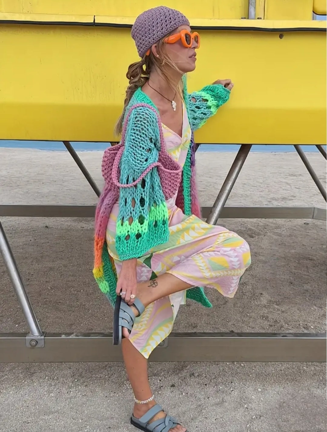 Hand knitted, oversized, soft, multicoloured cardigan