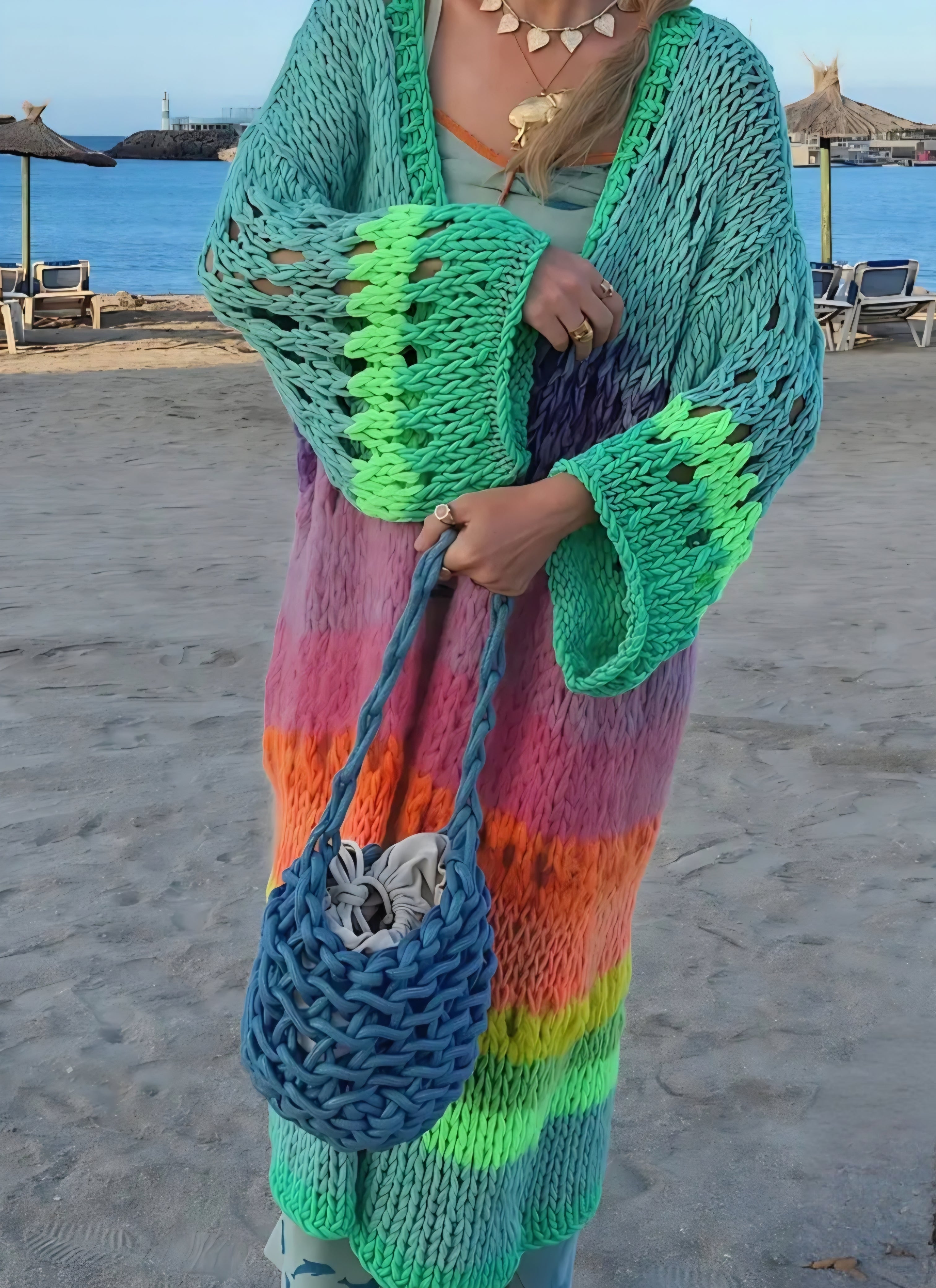 Hand knitted, oversized, soft, multicoloured cardigan