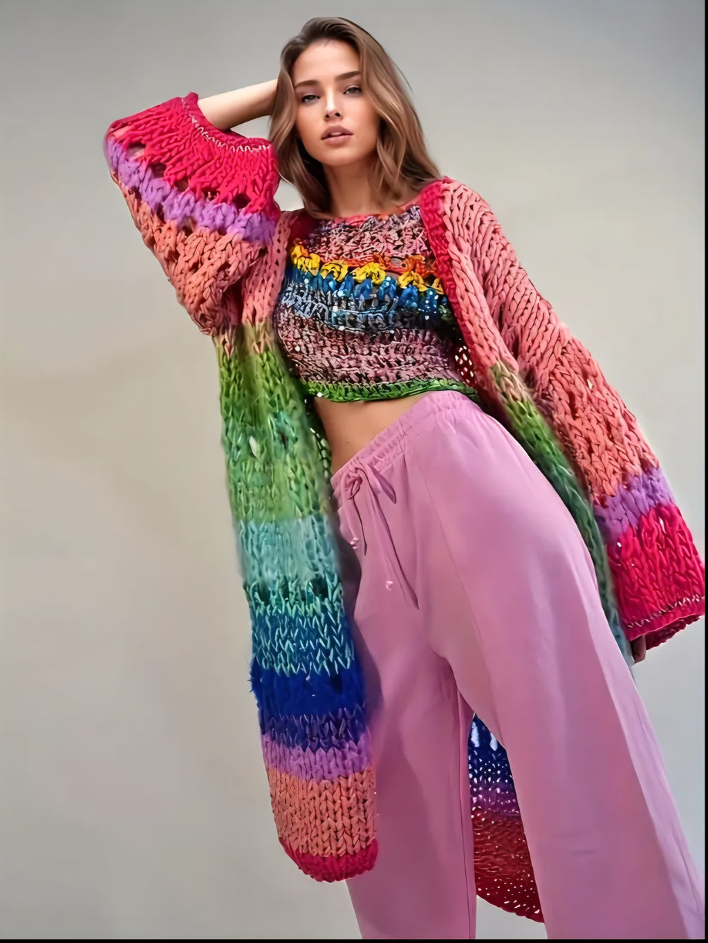Hand knitted oversized, soft, multicoloured cardigan