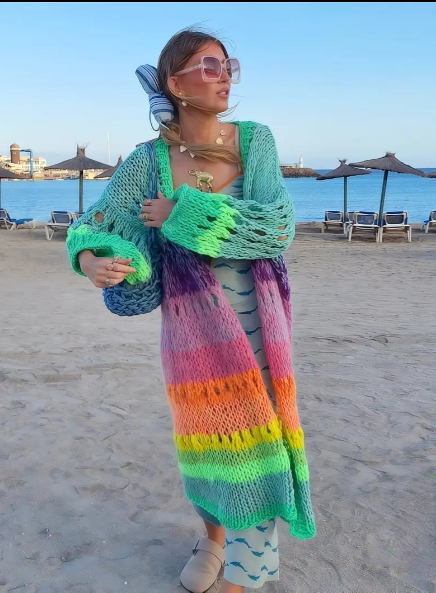Hand knitted, oversized, soft, multicoloured cardigan