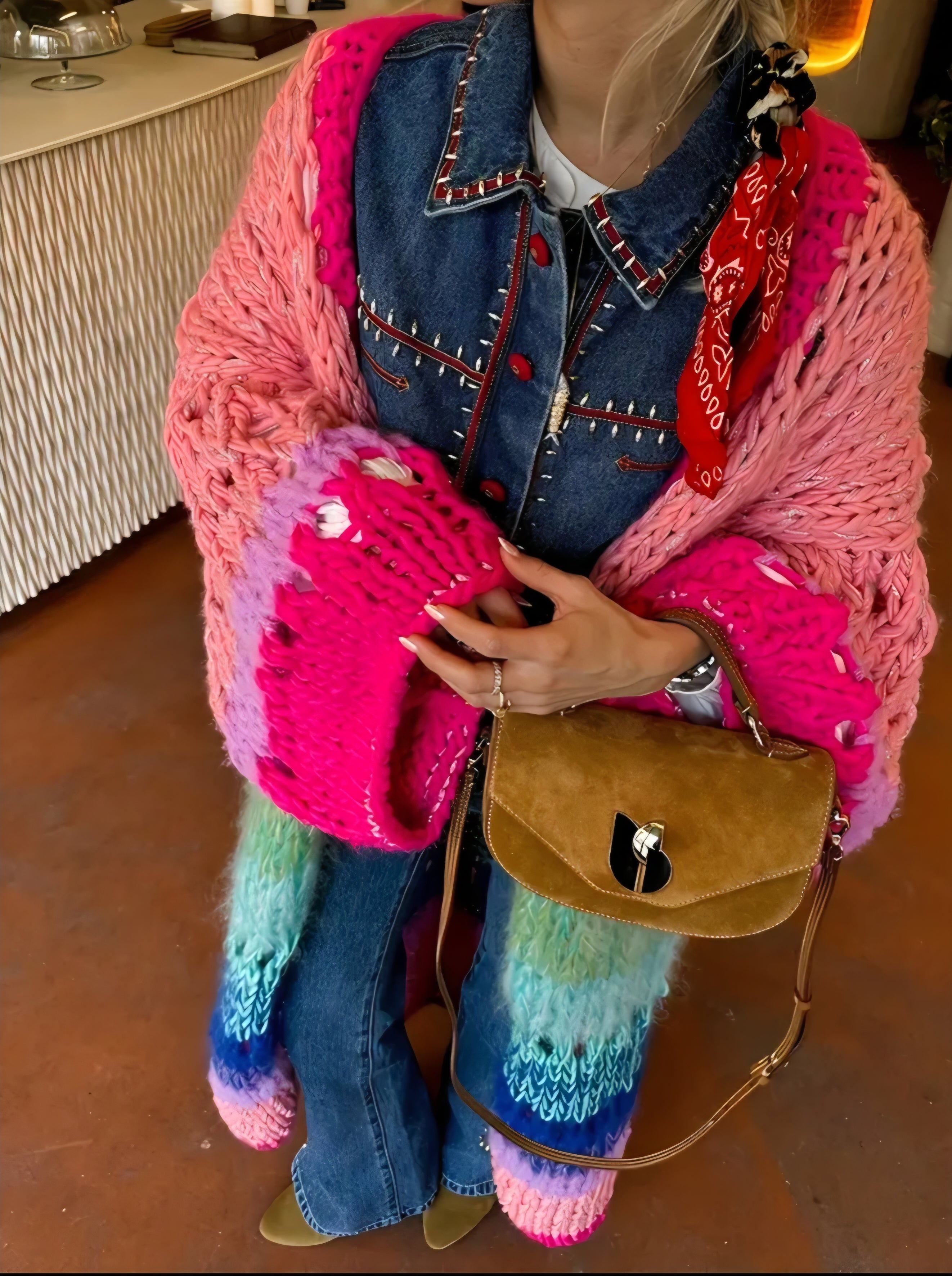 Hand knitted oversized, soft, multicoloured cardigan