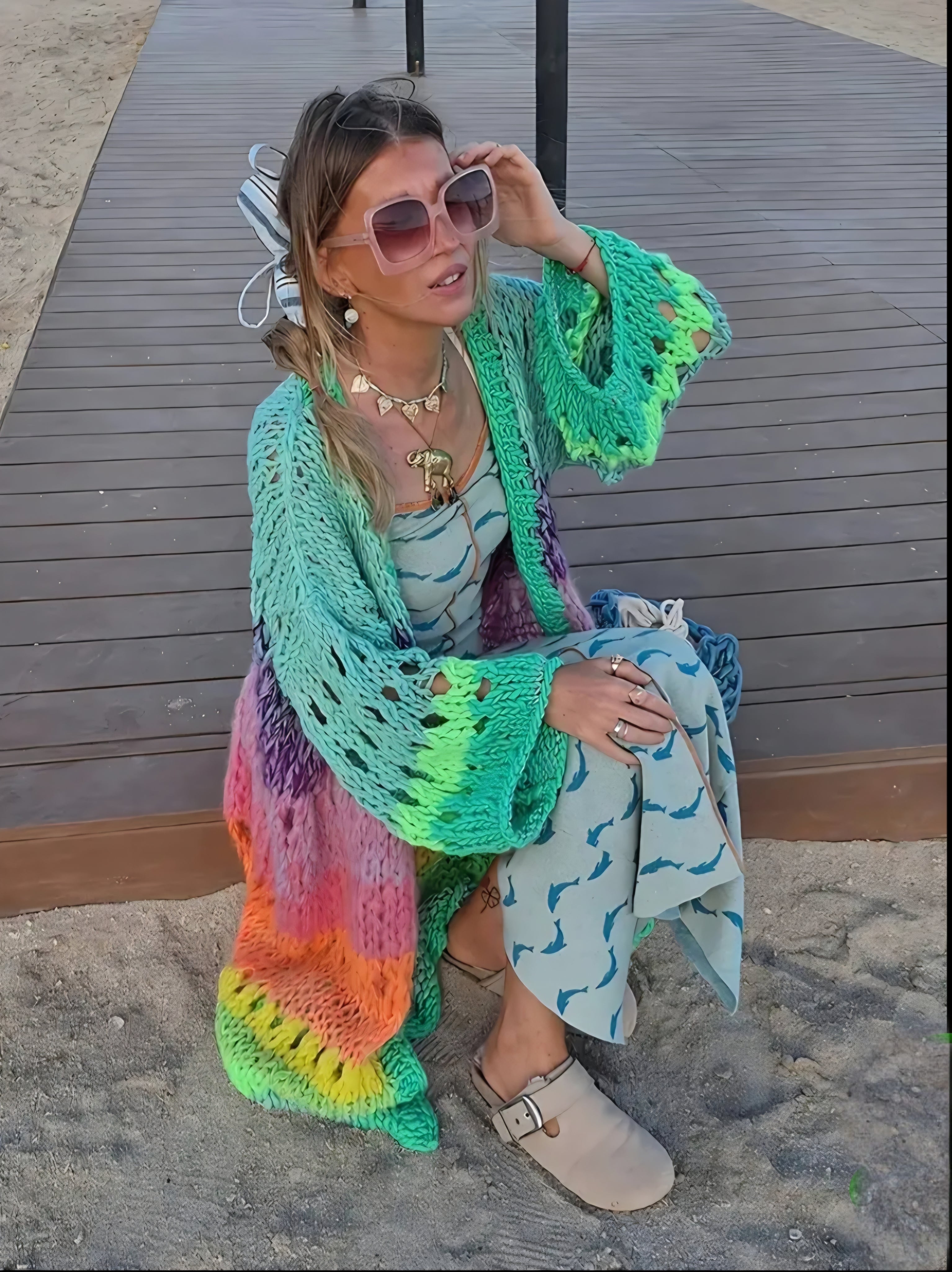 Hand knitted, oversized, soft, multicoloured cardigan